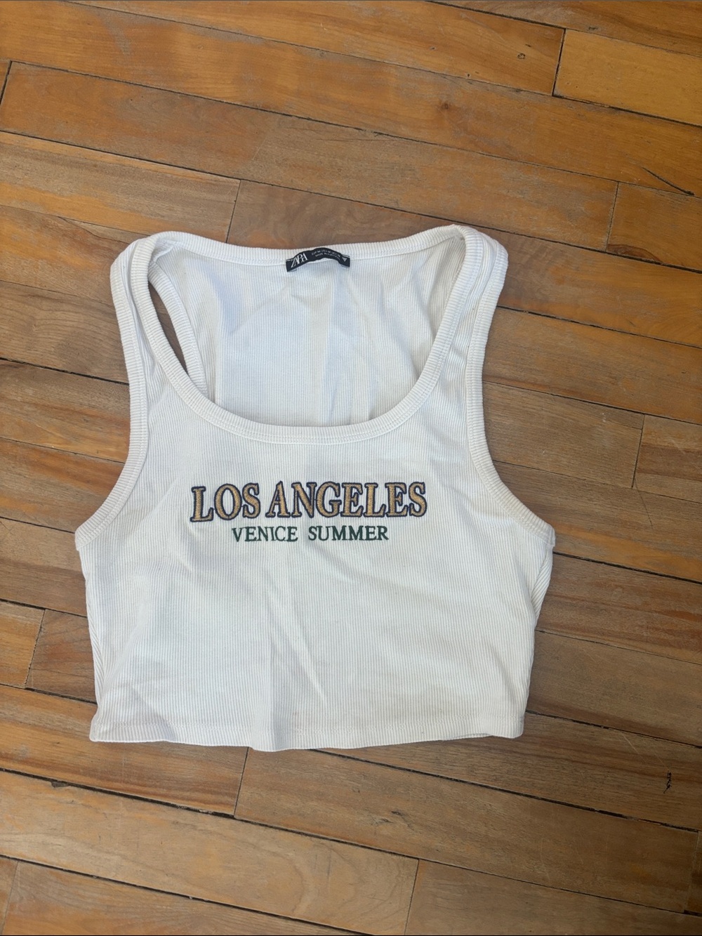 Zara White Ribbed 'Los Angeles Venice Summer' Crop Tank